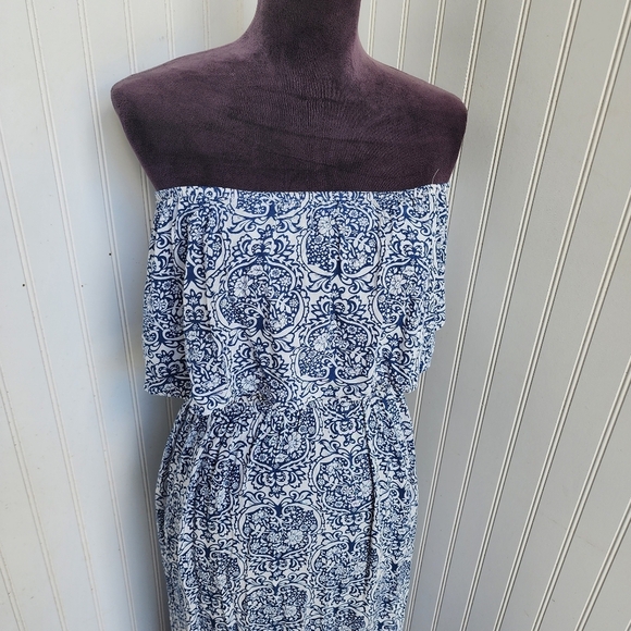 Yidarton Women Blue White Strapless Floral Off The Shoulder Maxi Dress Size L - Picture 3 of 13